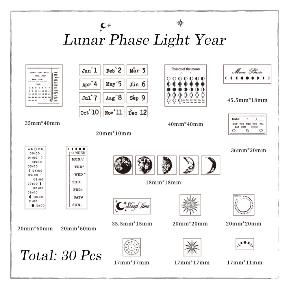 Ensemble de 29 tampons en caoutchouc et bois, phases lunaires et année-lumière