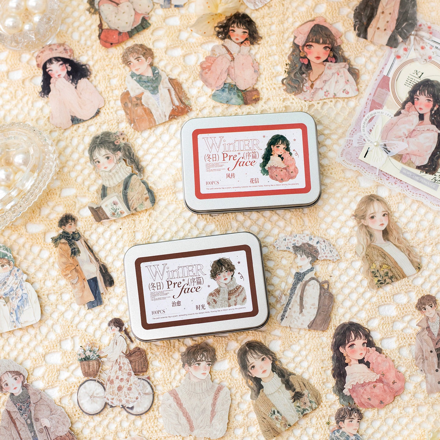 100 Pcs Winter Prologue Character Paper Sticker Set With A Tin Box