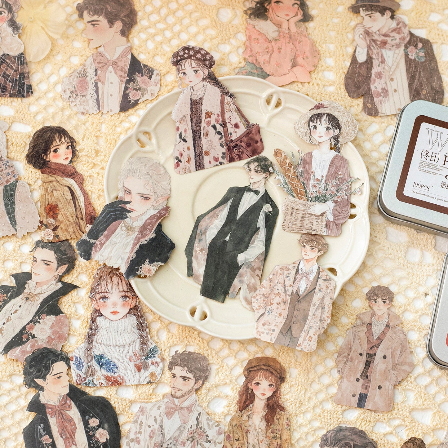 100 Pcs Winter Prologue Character Paper Sticker Set With A Tin Box