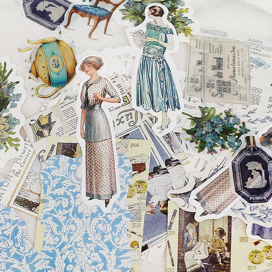 Ensemble de 30 autocollants et papier décoratif représentant une dame victorienne