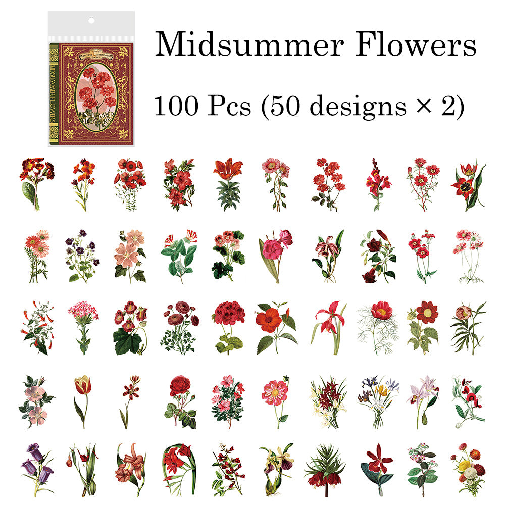 100 Pcs flower Illustrations PET Sticker Set