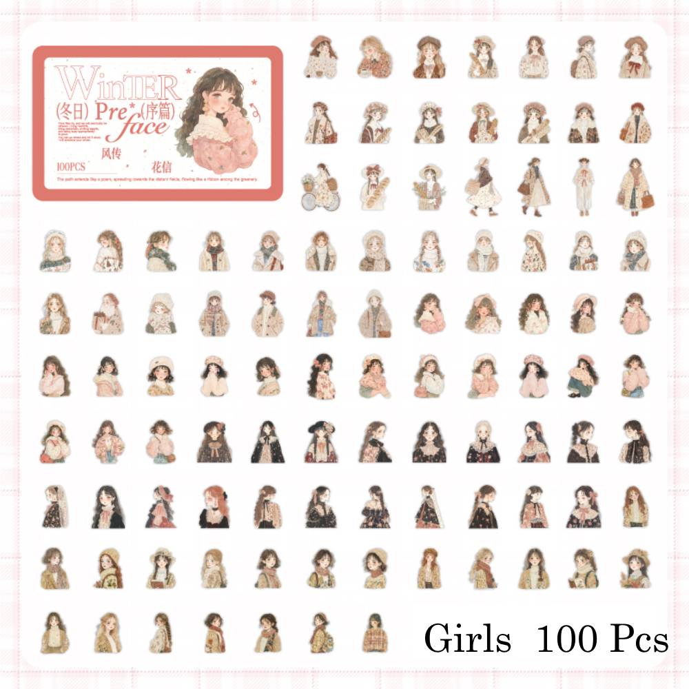 100 Pcs Winter Prologue Character Paper Sticker Set With A Tin Box