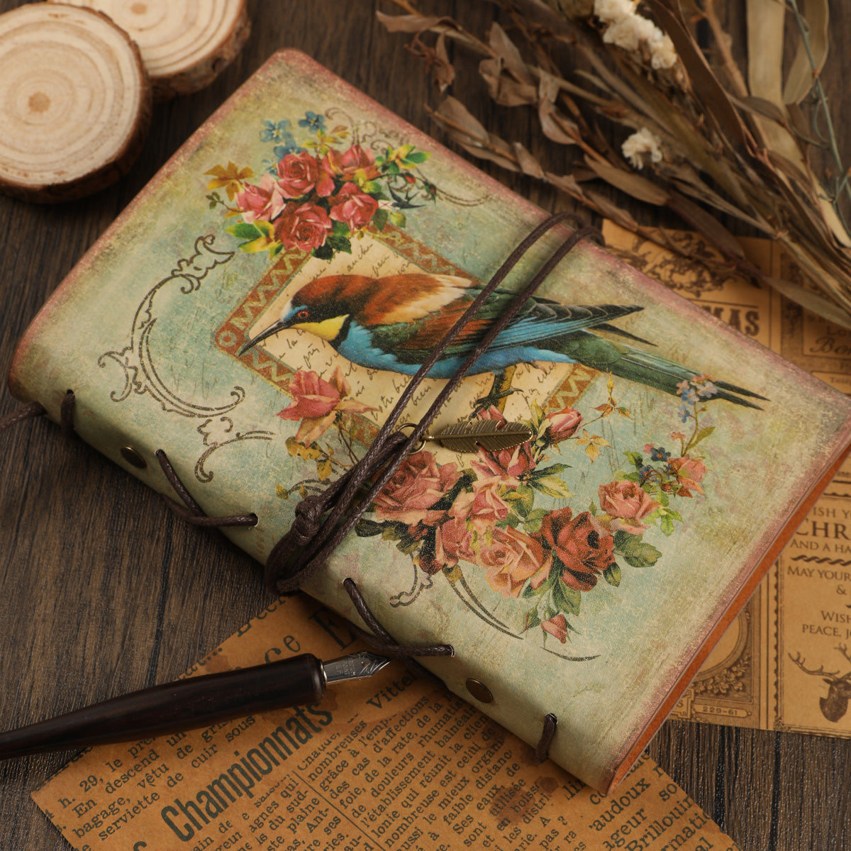 Vintage Flowers & Bird Kraft Paper Refillable Bullet Journal
