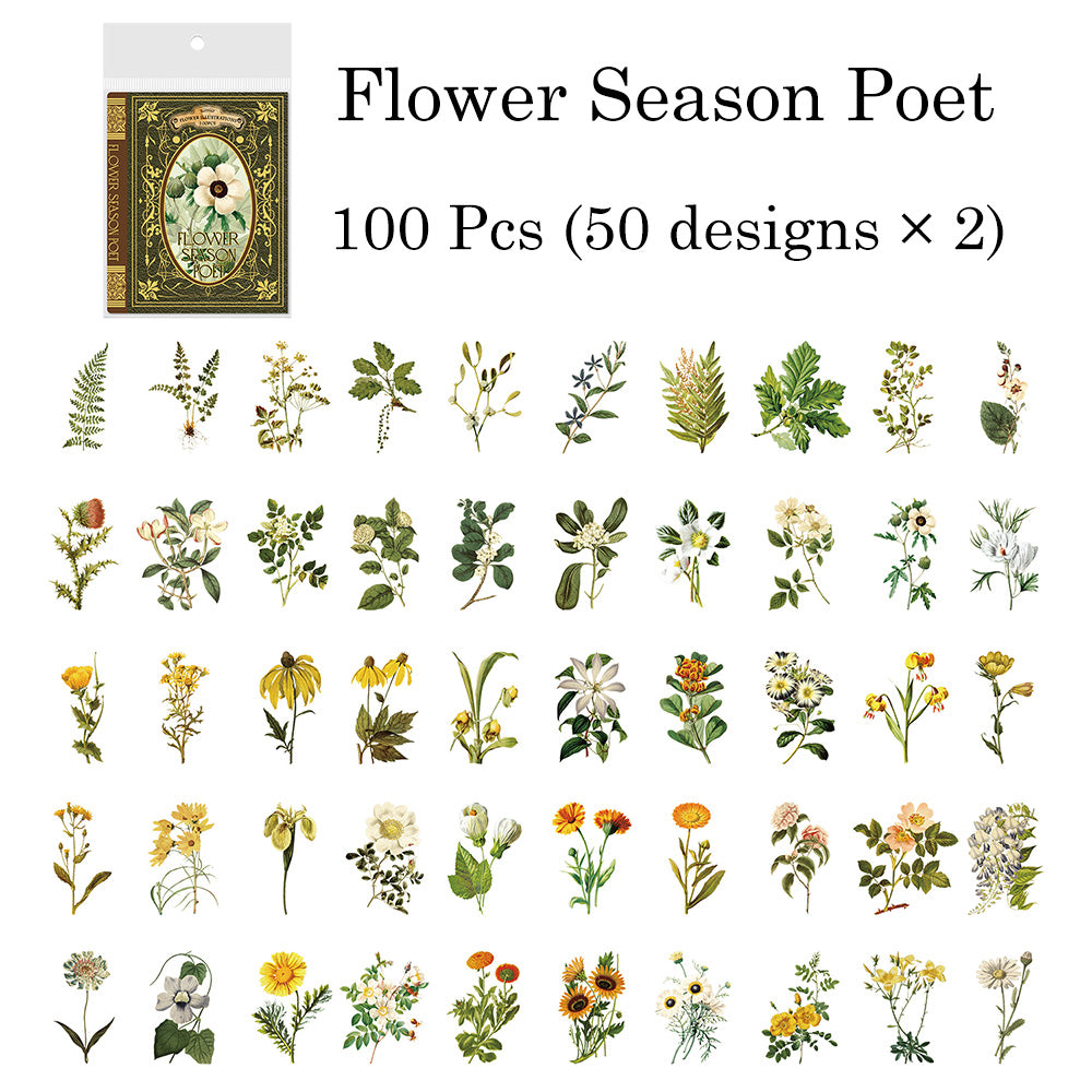 100 Pcs flower Illustrations PET Sticker Set