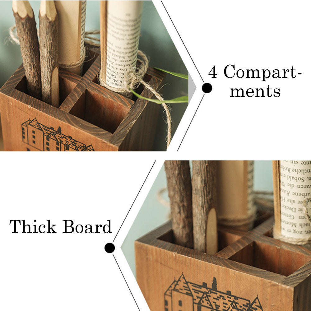 Pot à stylos rétro en bois avec tiroir
