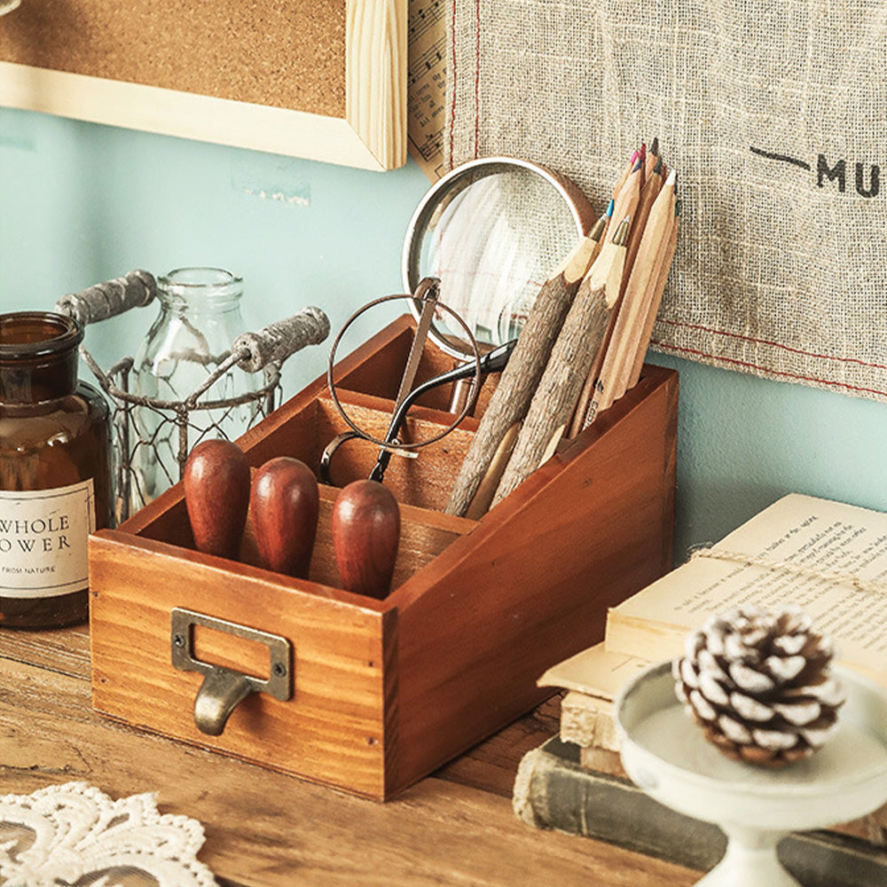 Boîte de rangement rétro en bois à 3 compartiments