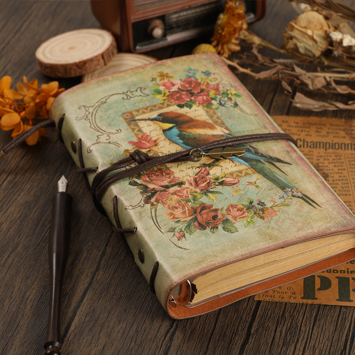 Vintage Flowers & Bird Kraft Paper Refillable Bullet Journal