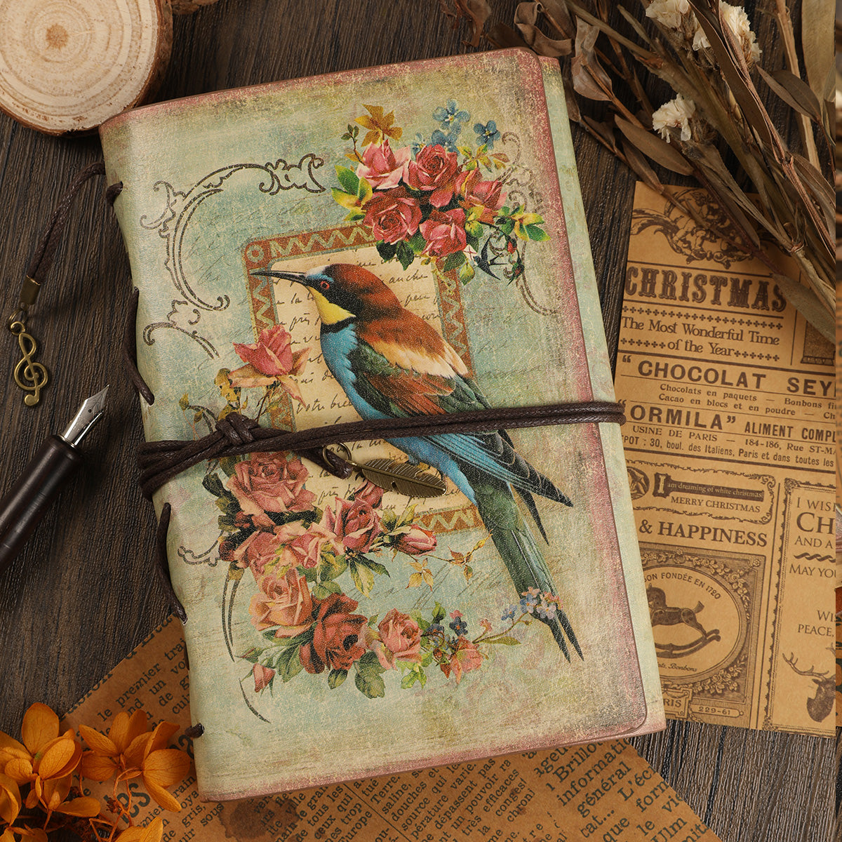 Vintage Flowers & Bird Kraft Paper Refillable Bullet Journal