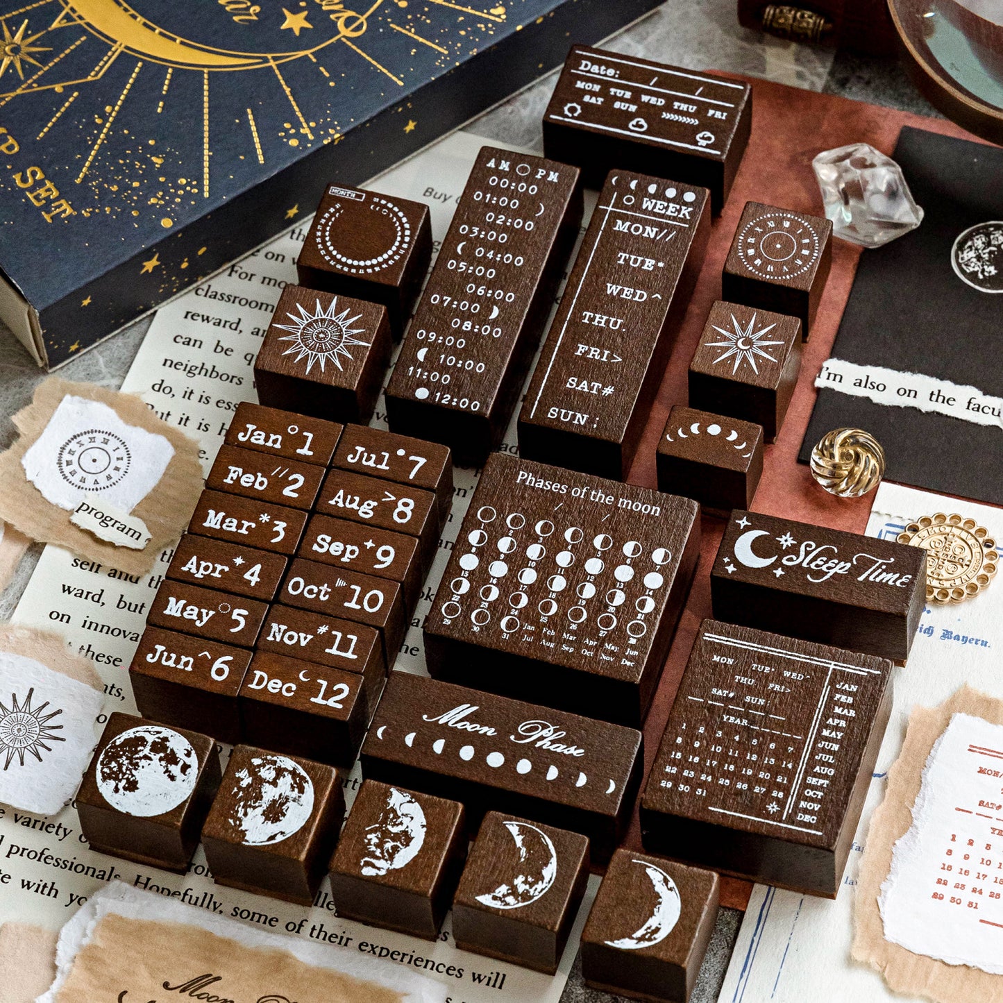 29 Pcs Lunar Phase Light Year Wooden Rubber Stamp Set