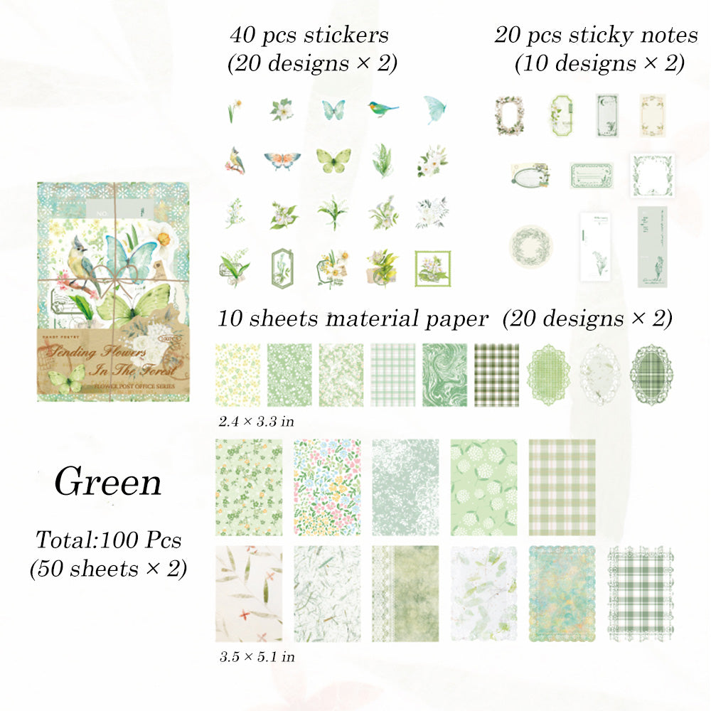 100 Pcs Flower Post Office Sticker & Material Paper Set