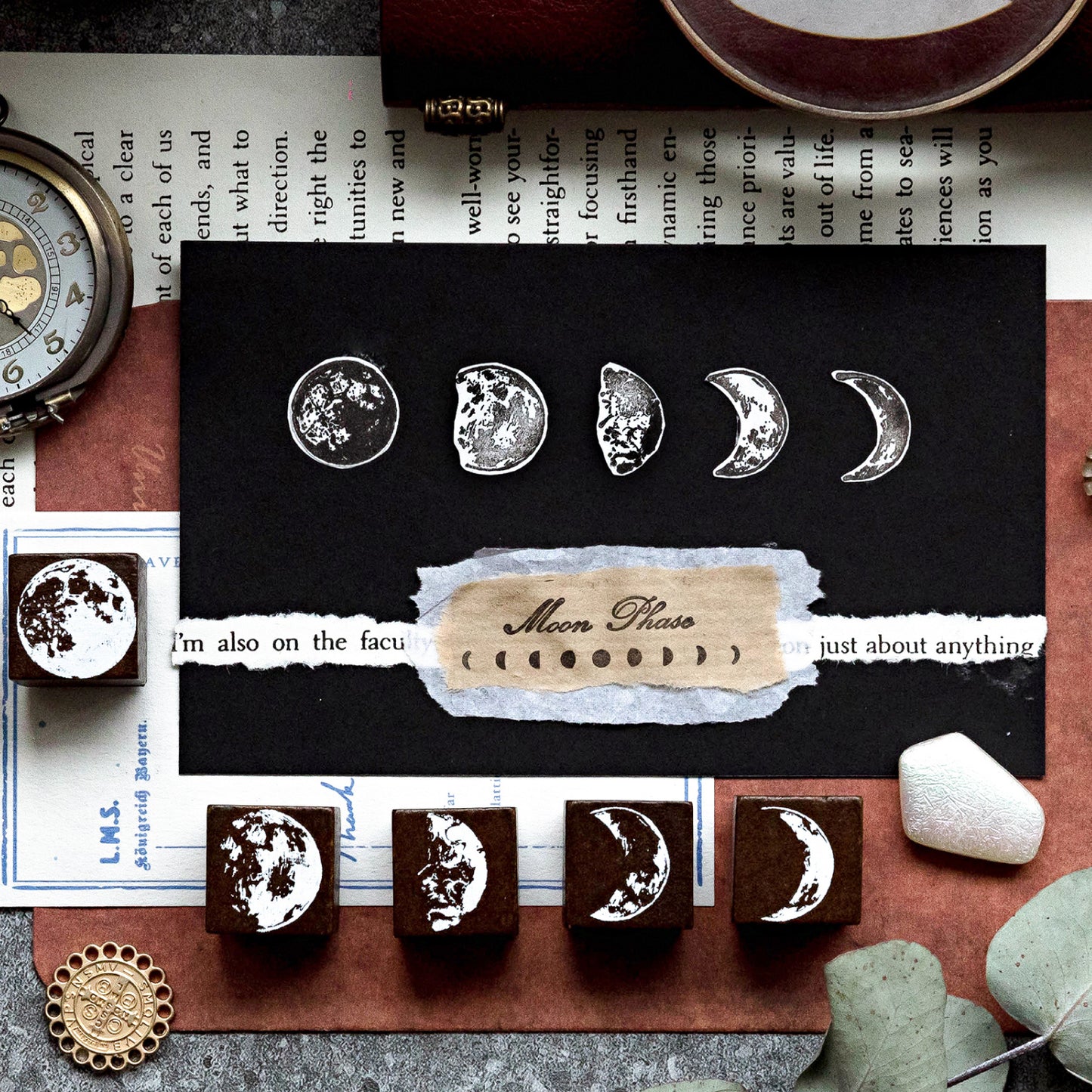 29 Pcs Lunar Phase Light Year Wooden Rubber Stamp Set