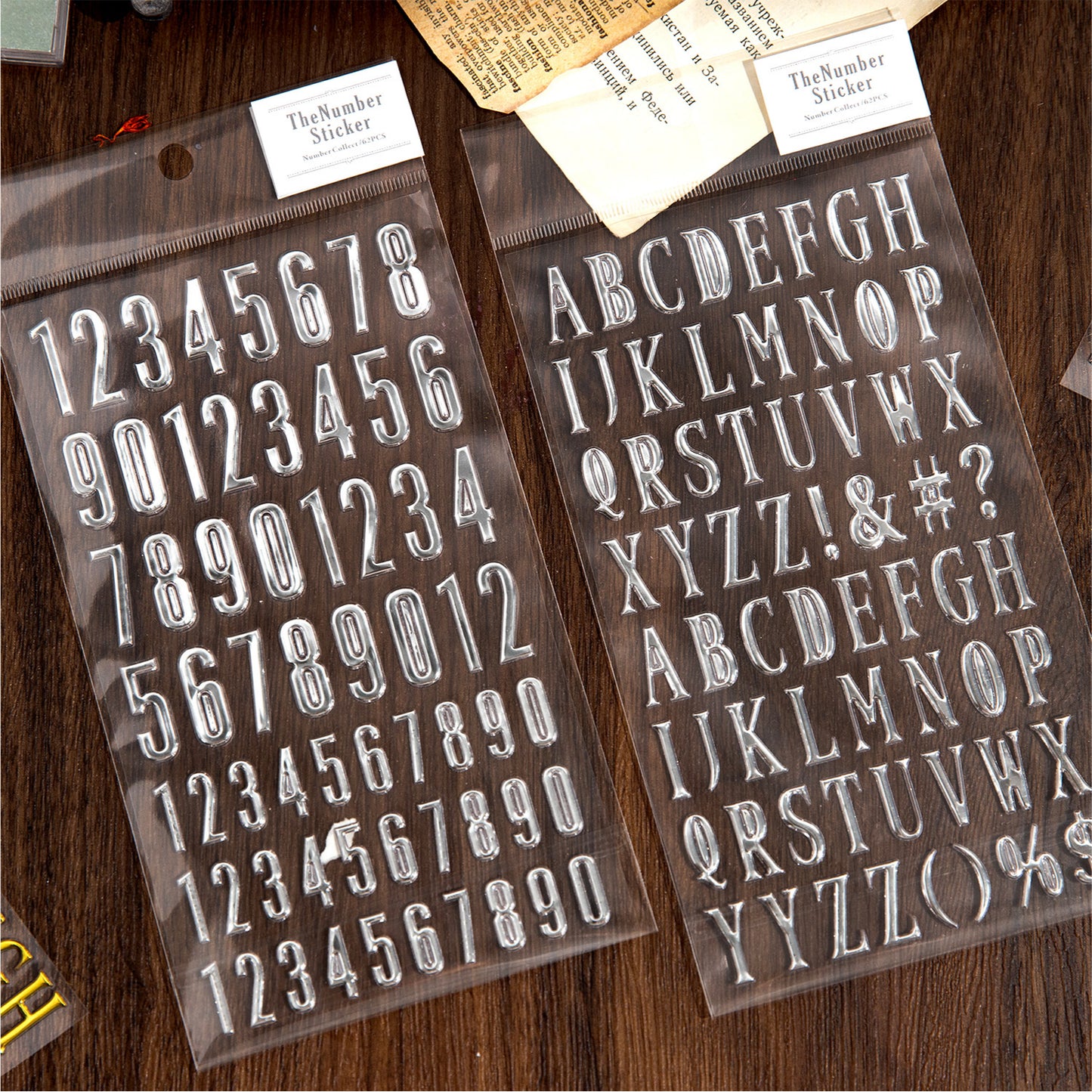 1 Sheet Gold & Silver Digital English 3D Sticker