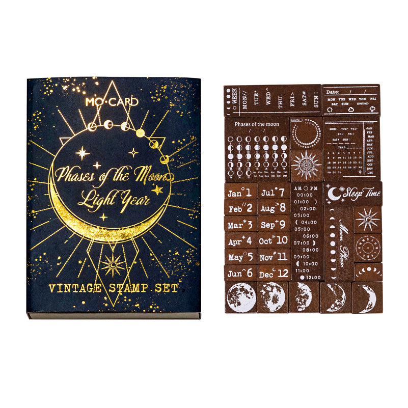 29 Pcs Lunar Phase Light Year Wooden Rubber Stamp Set